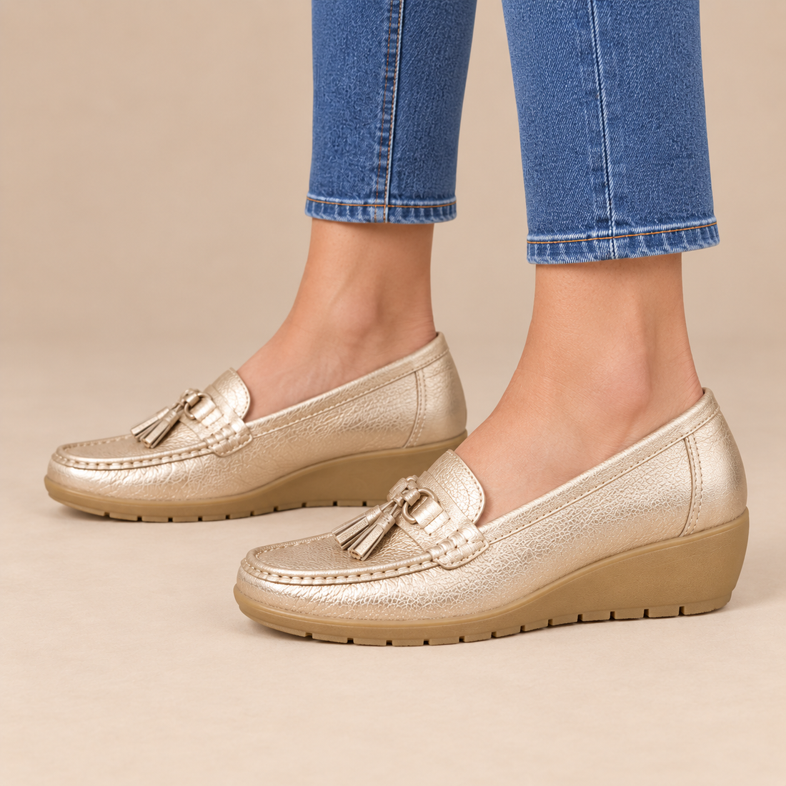 Leren damesloafers met sleehakzool en kwastjes