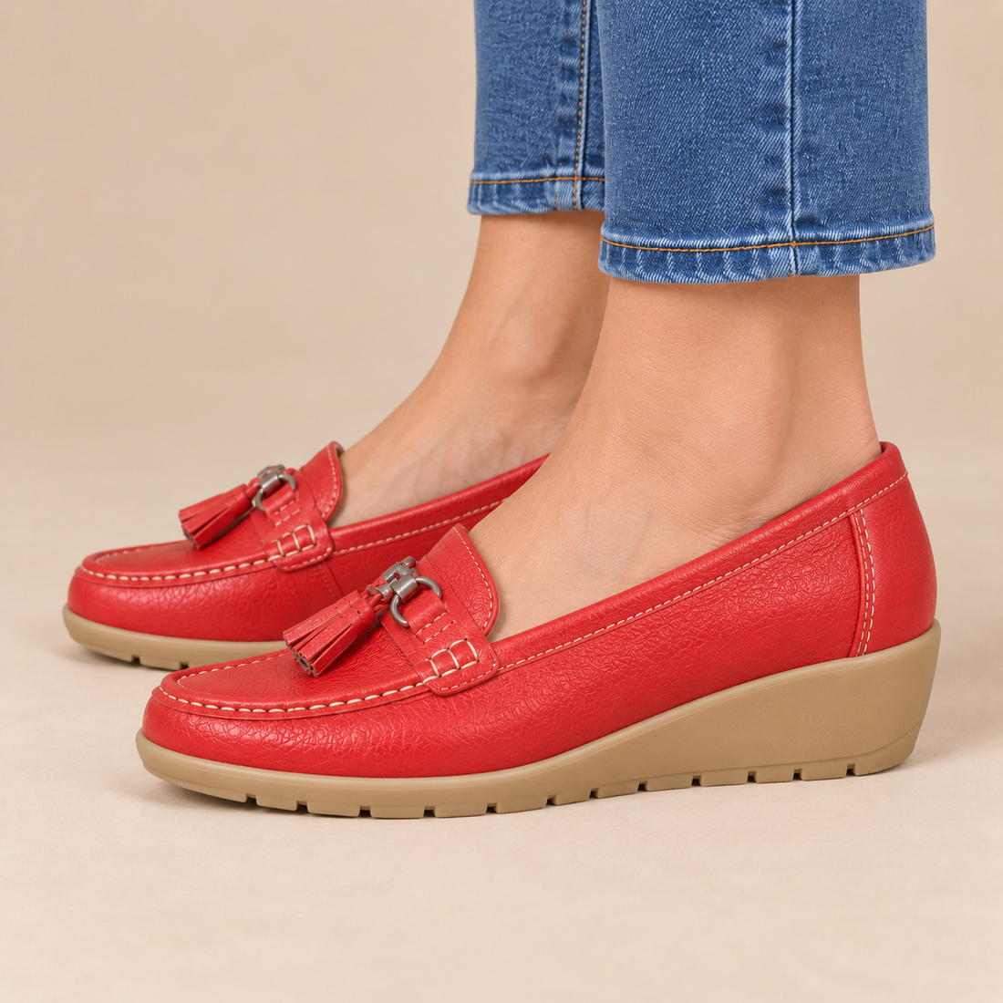 Leren damesloafers met sleehakzool en kwastjes