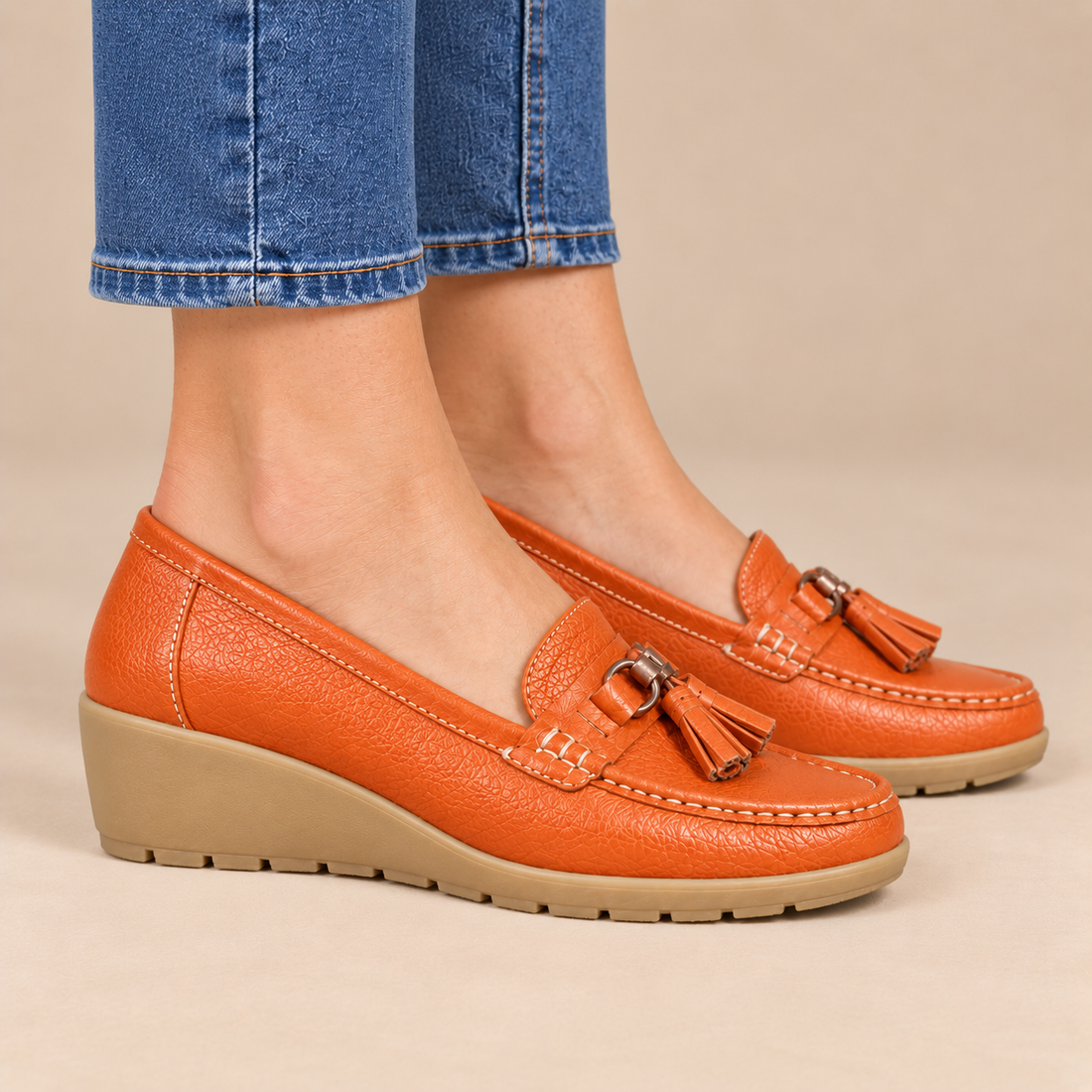 Leren damesloafers met sleehakzool en kwastjes