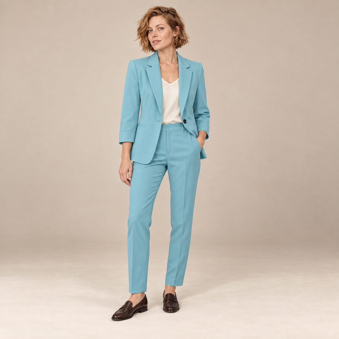 Damespak met getailleerde blazer en pantalon