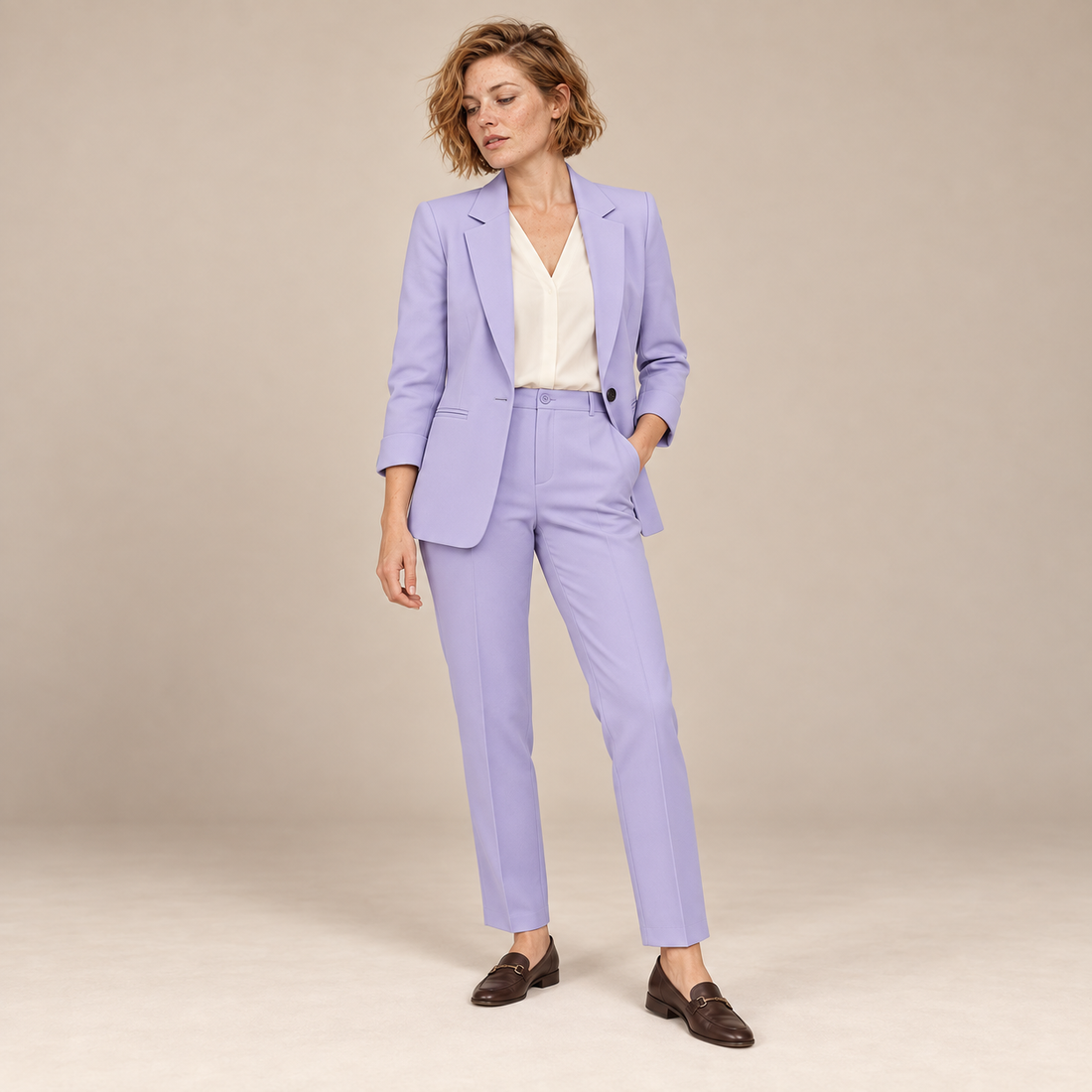 Damespak met getailleerde blazer en pantalon