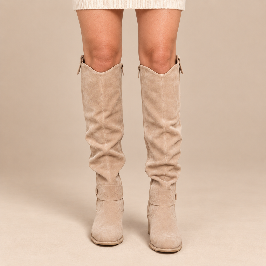 Overkneelaarzen voor dames met geplooide schacht en platte hak