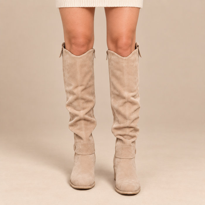 Overkneelaarzen voor dames met geplooide schacht en platte hak