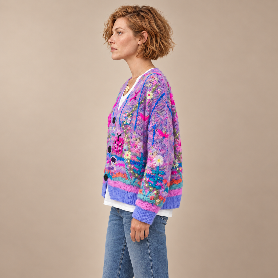 Gebreid damesvest met bloemenborduursel en knoopsluiting