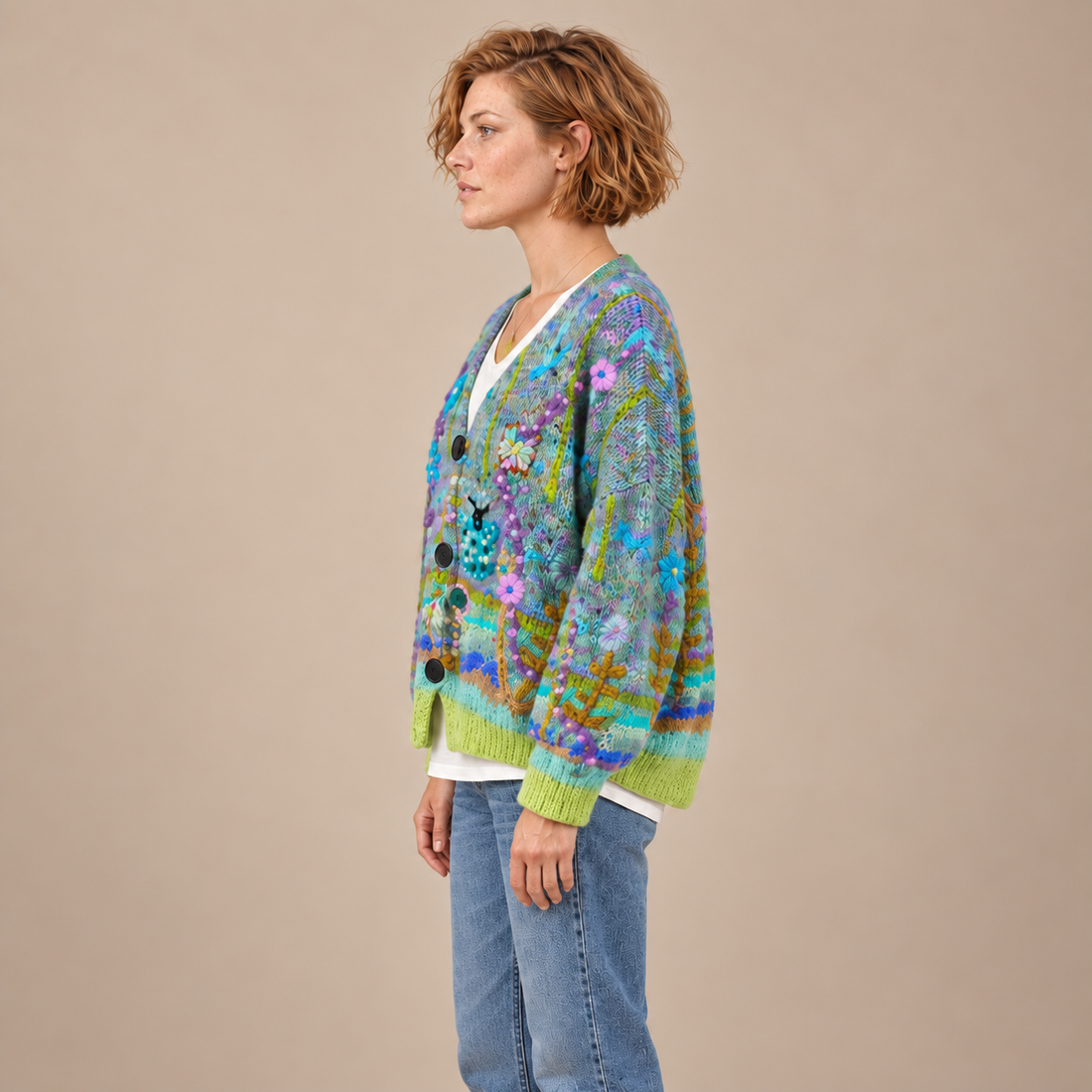 Gebreid damesvest met bloemenborduursel en knoopsluiting