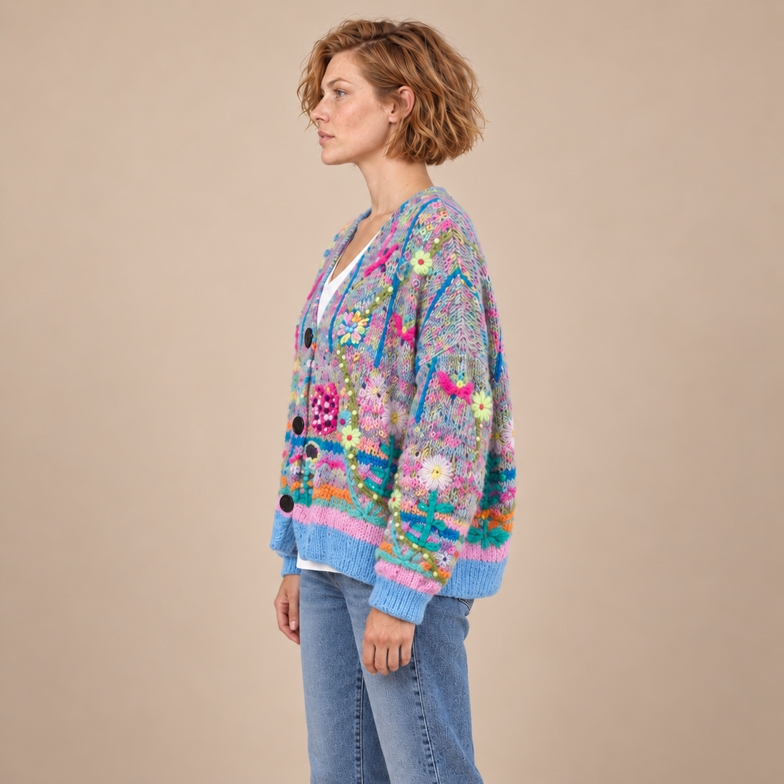 Gebreid damesvest met bloemenborduursel en knoopsluiting