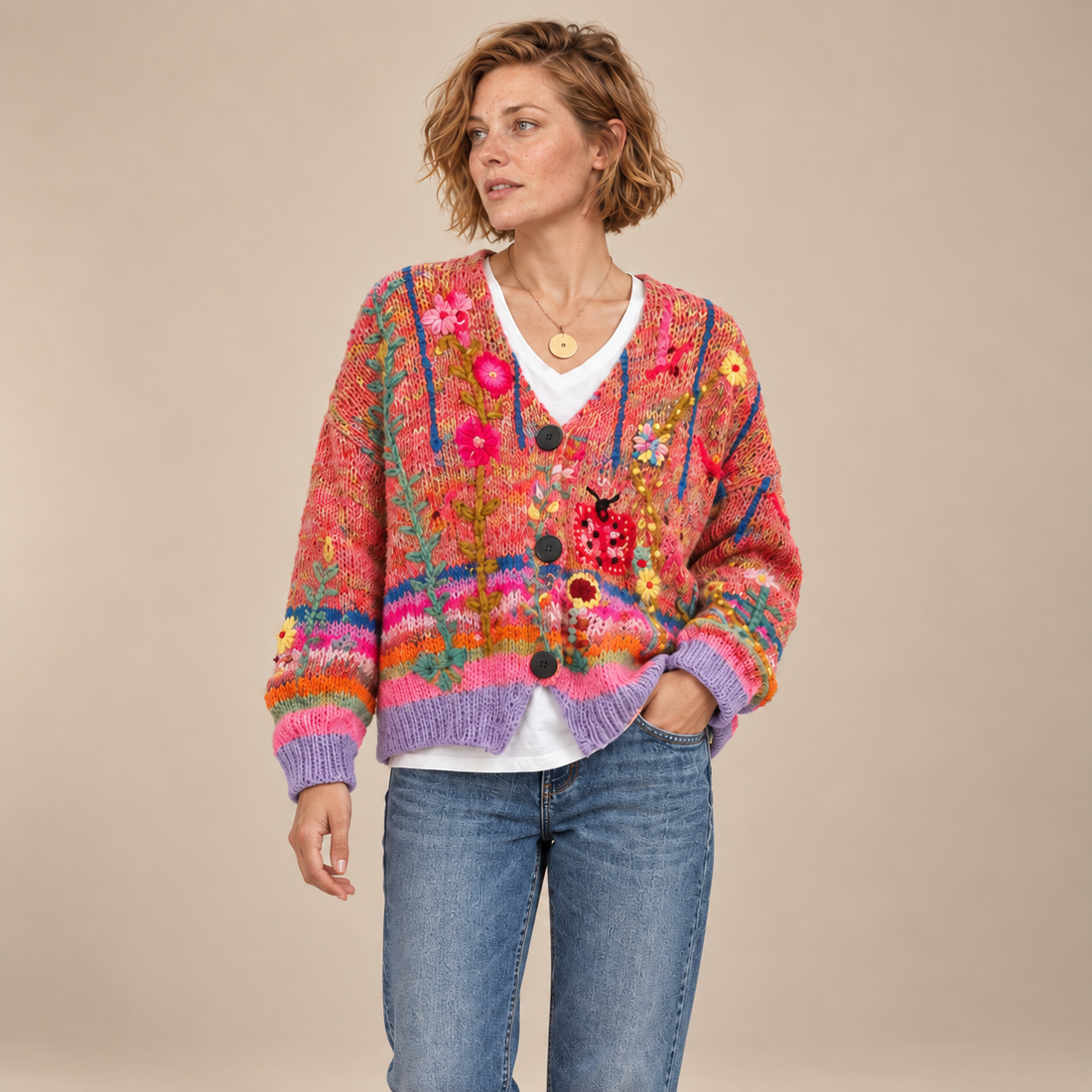 Gebreid damesvest met bloemenborduursel en knoopsluiting
