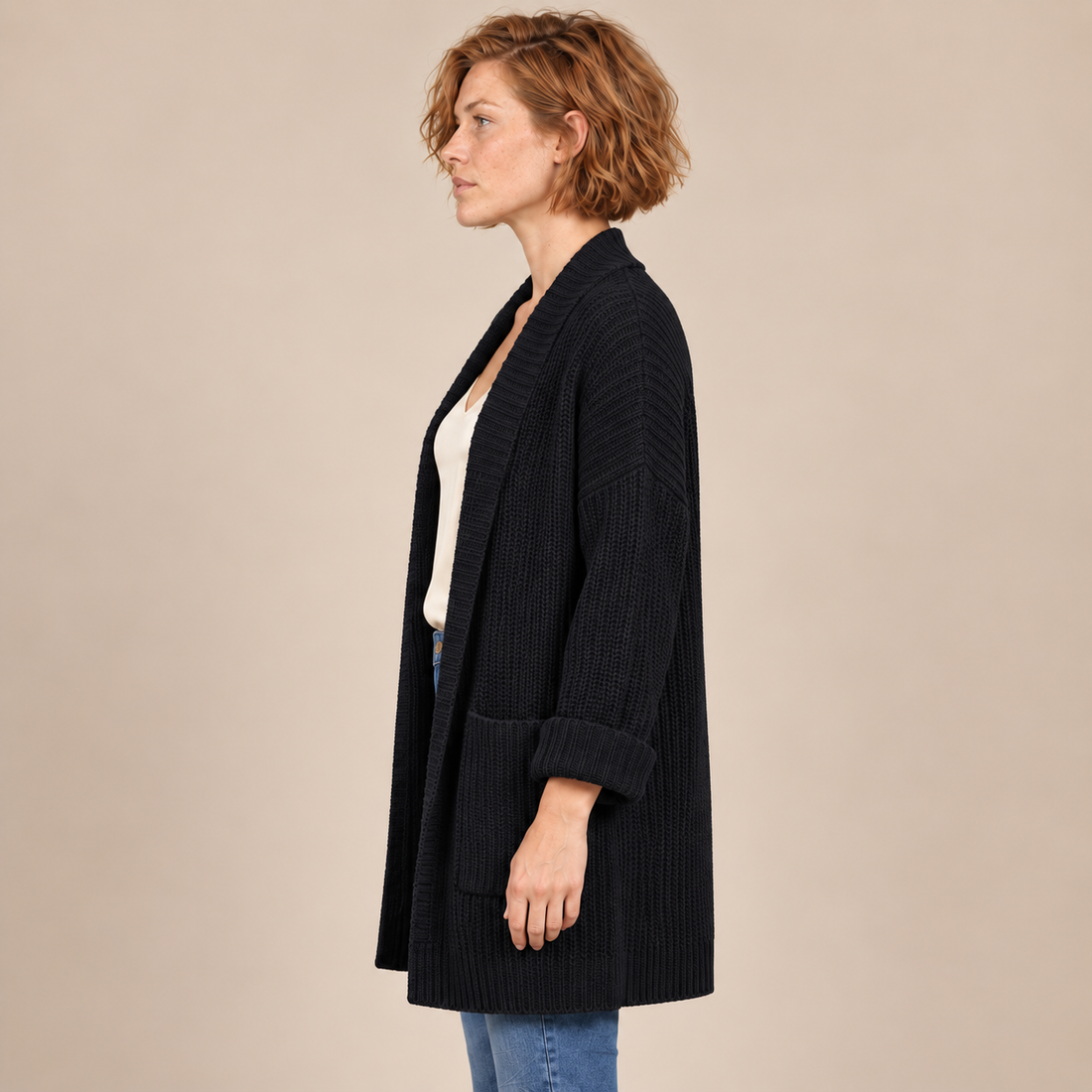Damesvest met V-hals en ribstructuur