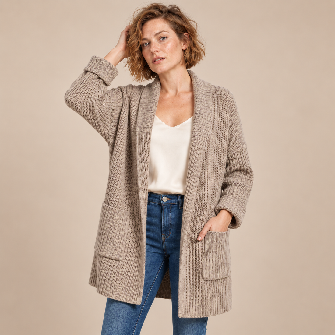 Damesvest met V-hals en ribstructuur