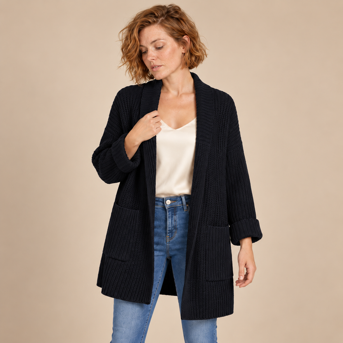 Damesvest met V-hals en ribstructuur