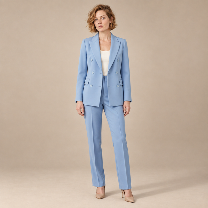 Dubbelrijige blazerset voor dames met revers en broek met rechte pijpen