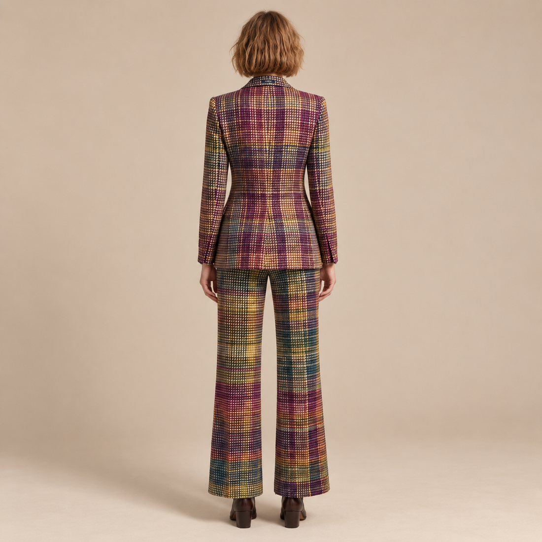 Damespak met dubbelrijige blazer en wijde broek