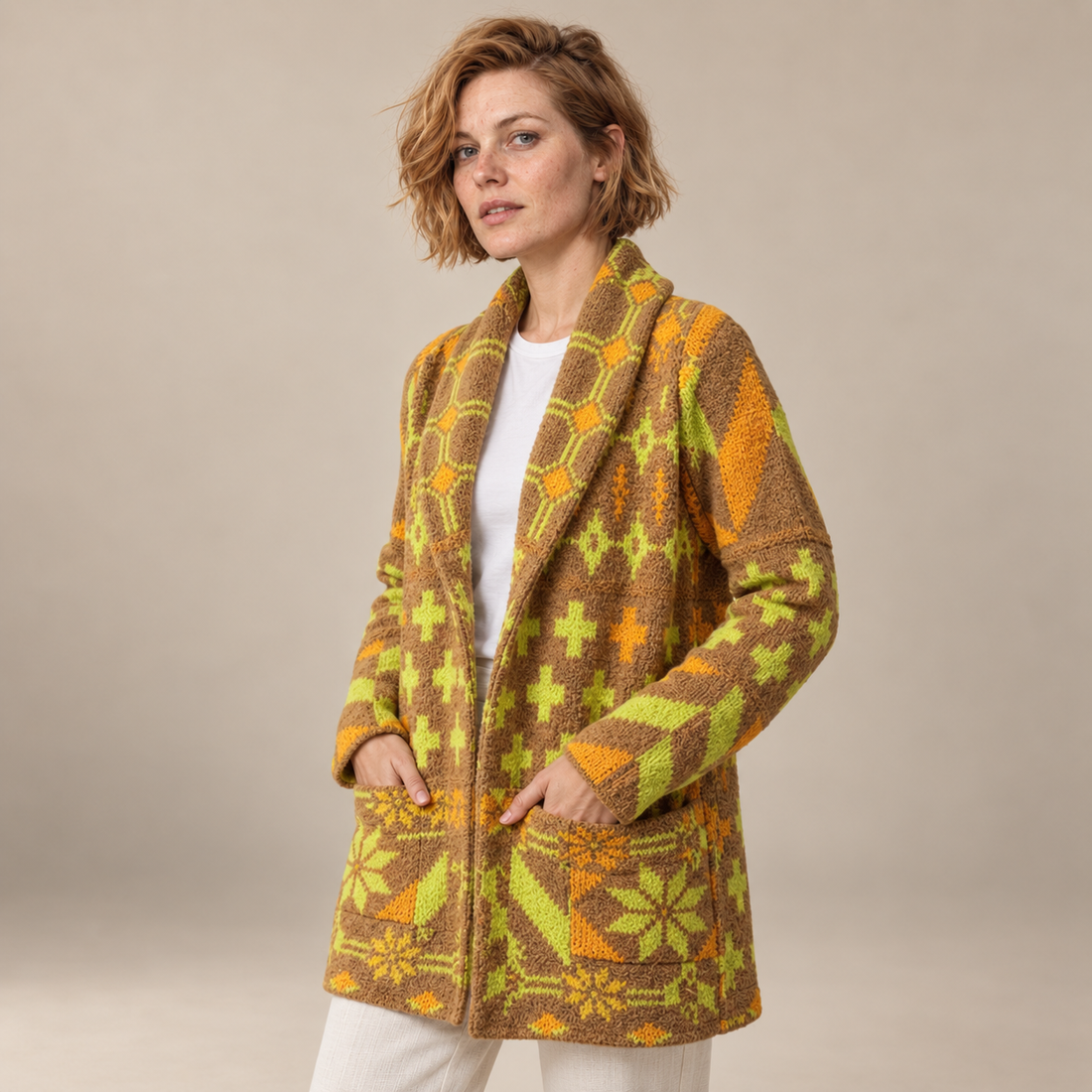 Damesvest met knoopsluiting en gebreid patroon