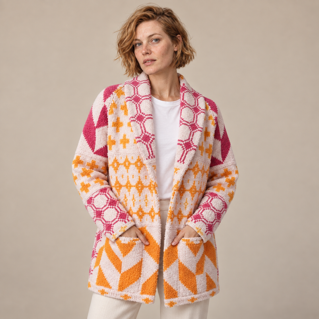Damesvest met knoopsluiting en gebreid patroon