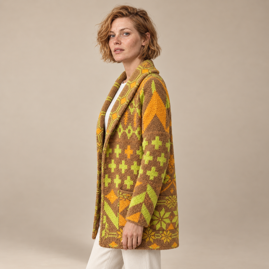 Damesvest met knoopsluiting en gebreid patroon