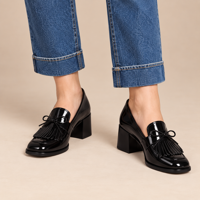 Leren loaferpumps voor dames met kwastdetail en blokhak