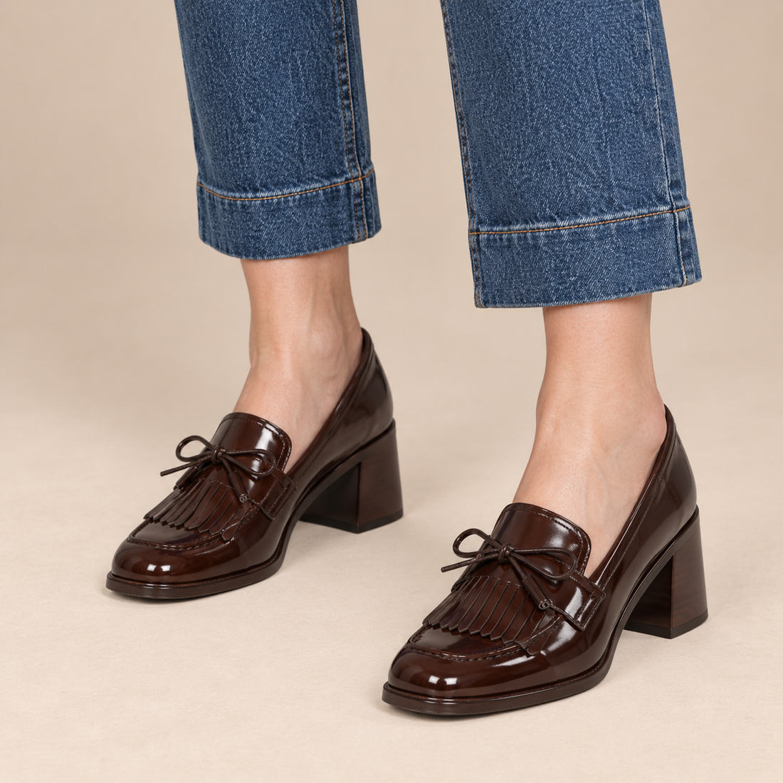 Leren loaferpumps voor dames met kwastdetail en blokhak