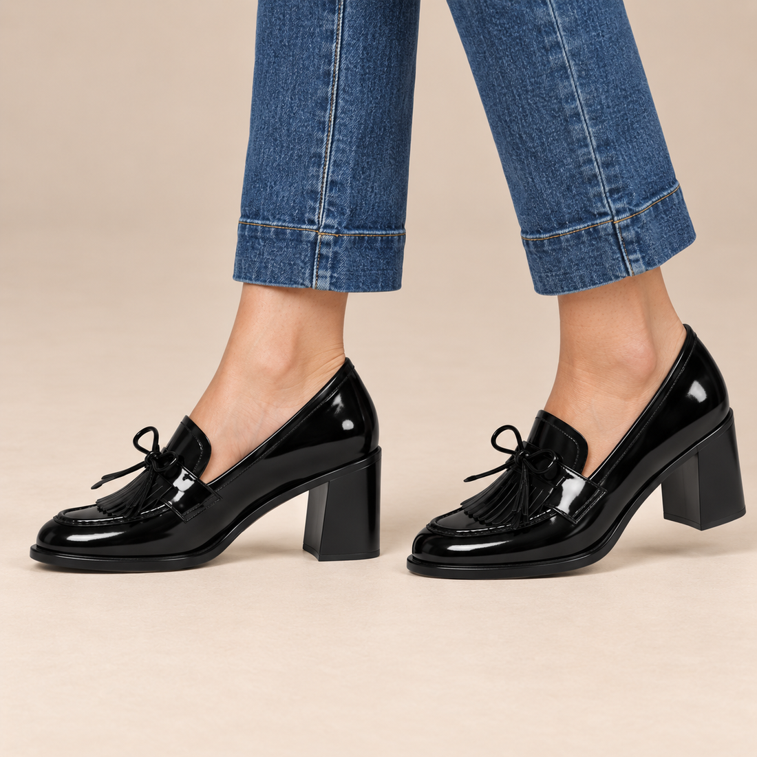 Leren loaferpumps voor dames met kwastdetail en blokhak