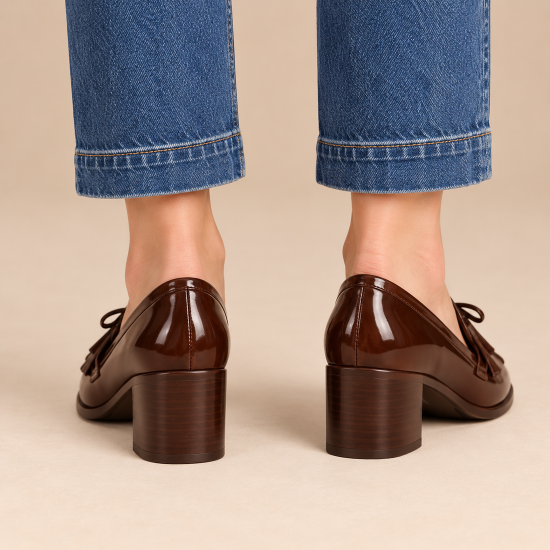 Leren loaferpumps voor dames met kwastdetail en blokhak