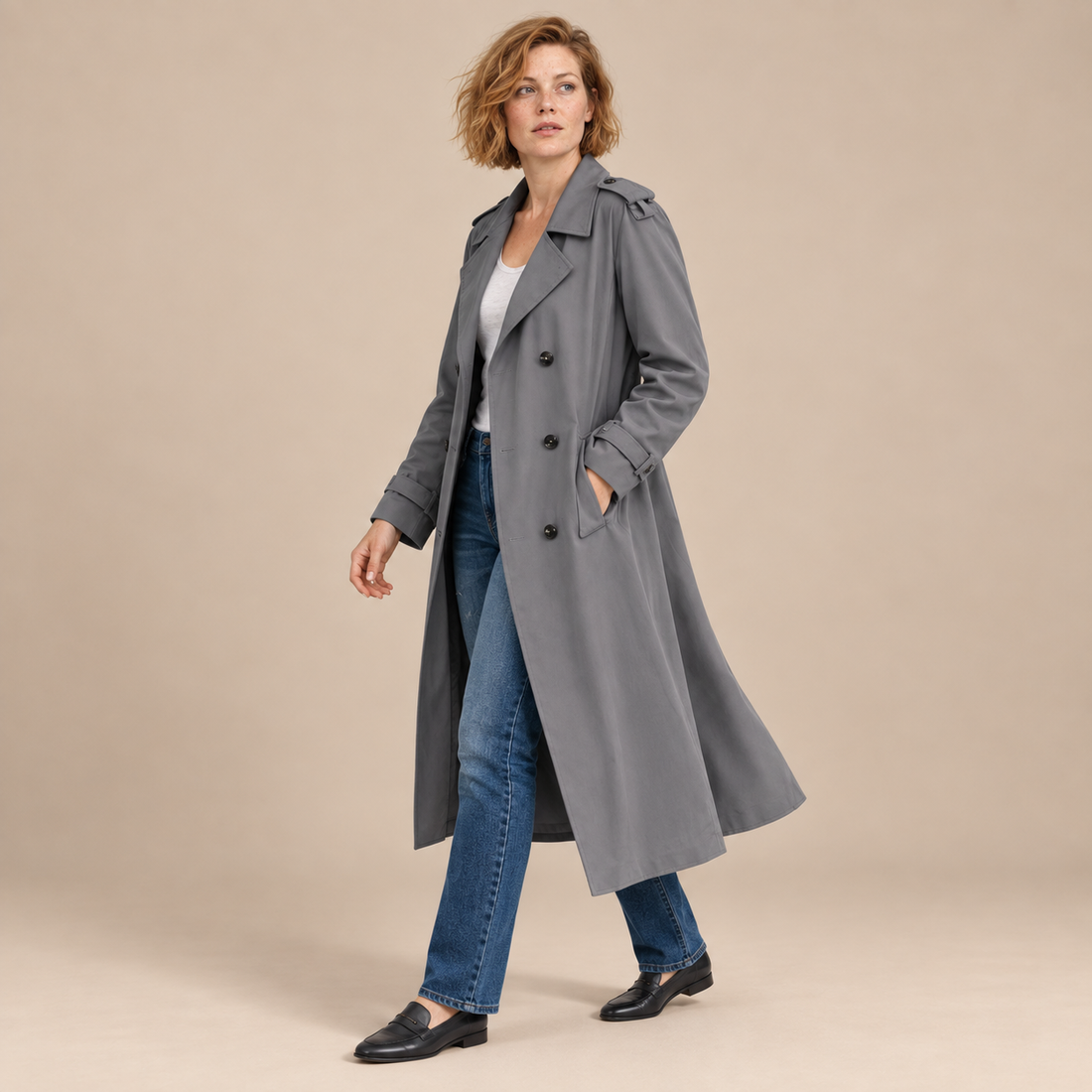 Dubbelrijige damestrenchcoat met strikceintuur en ontspannen pasvorm