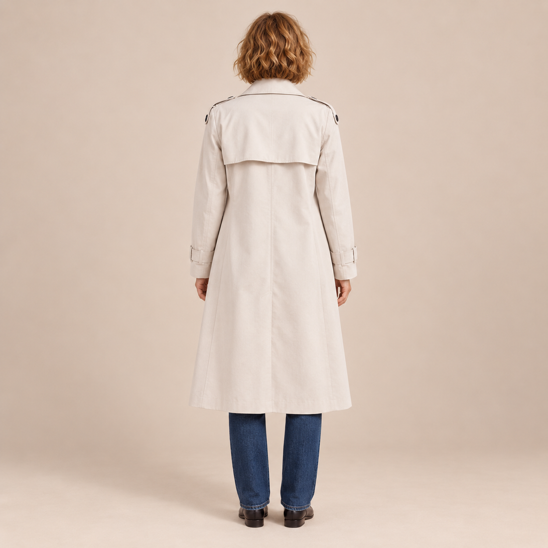 Dubbelrijige damestrenchcoat met strikceintuur en ontspannen pasvorm