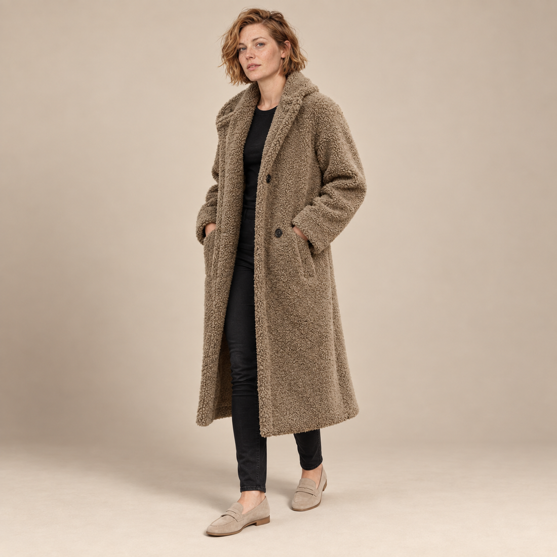 Lange teddyjas voor dames met reverskraag