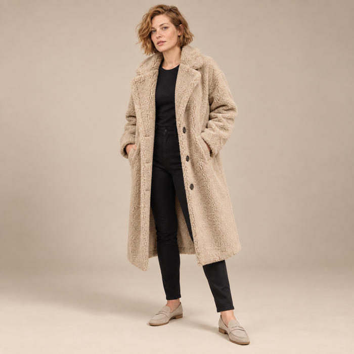 Lange teddyjas voor dames met reverskraag