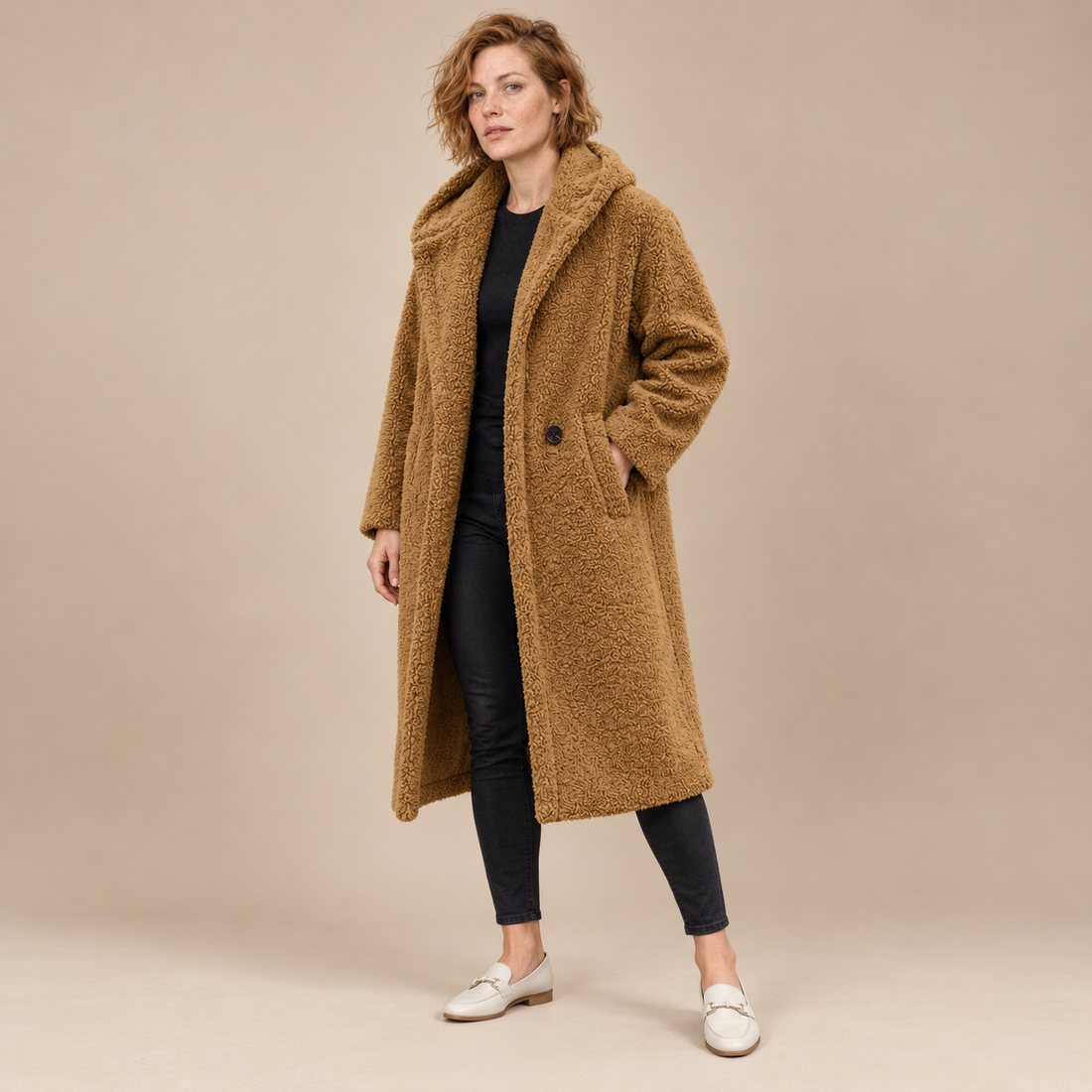 Lange teddyjas voor dames met reverskraag