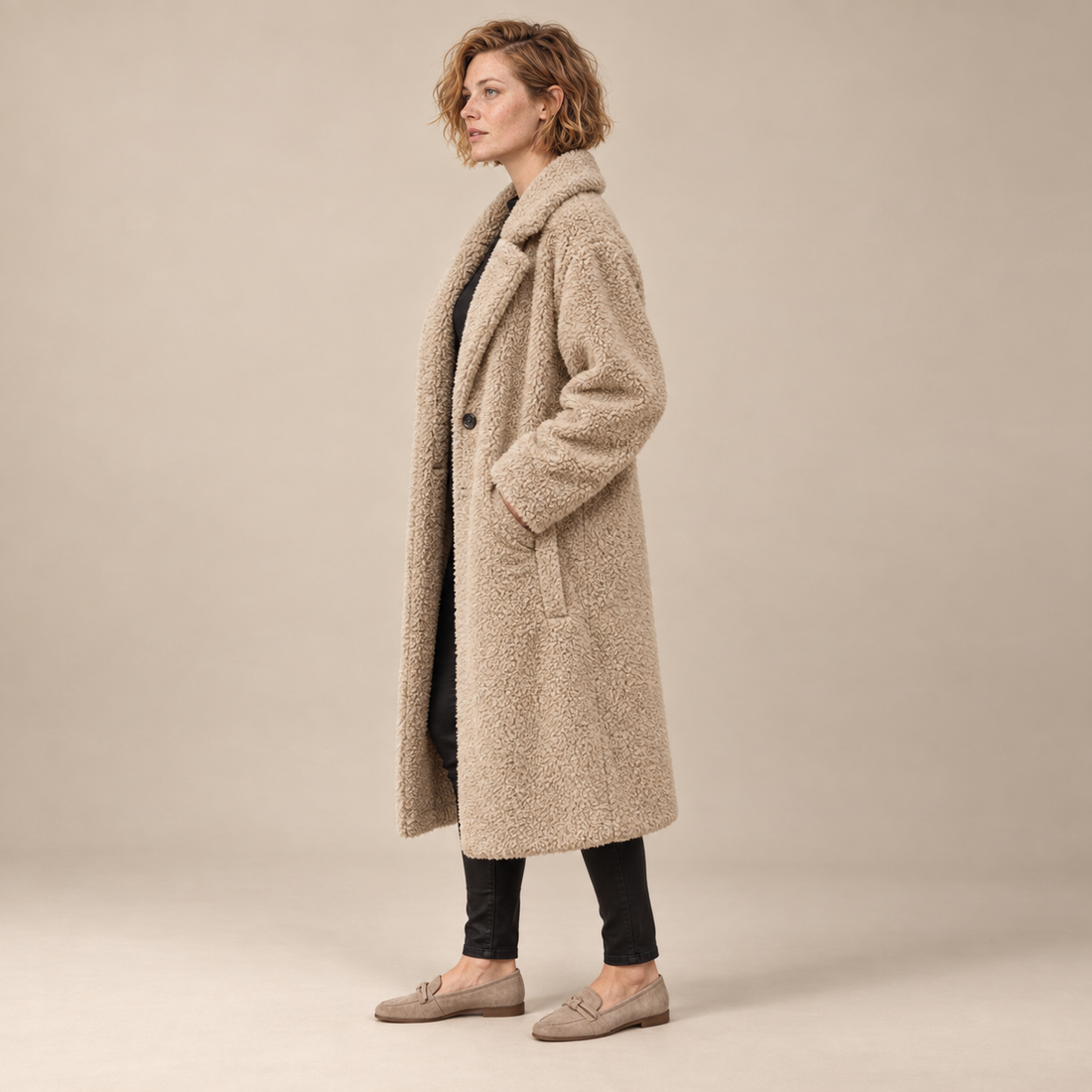 Lange teddyjas voor dames met reverskraag