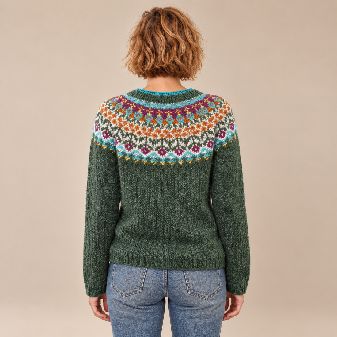 Fair Isle-trui voor dames met kleurrijke pas en ronde hals
