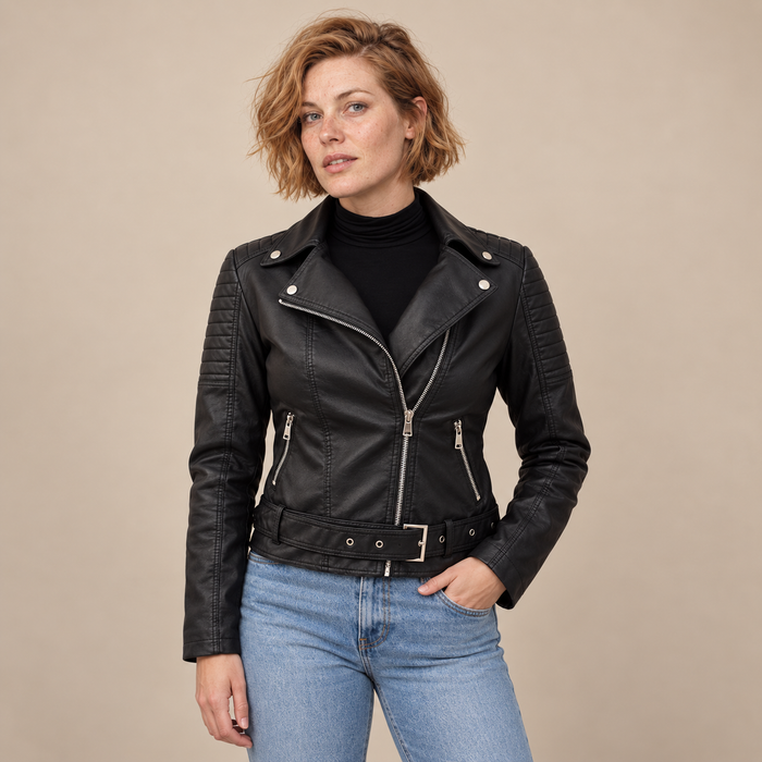 Bikerjack voor dames met doorgestikte mouwen en ceintuur met gesp