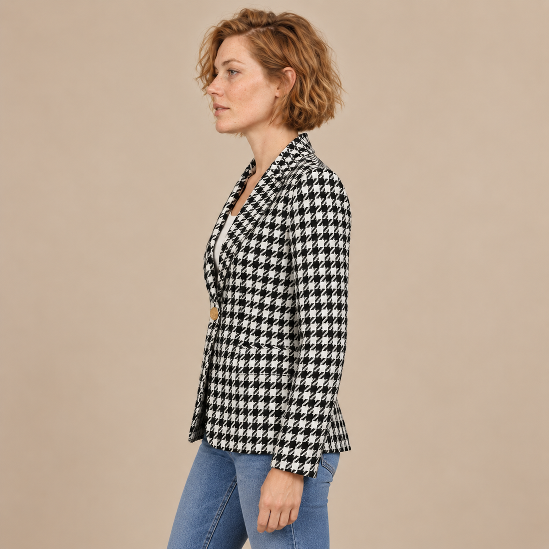Getailleerde damesblazer met pied-de-poule en één knoop