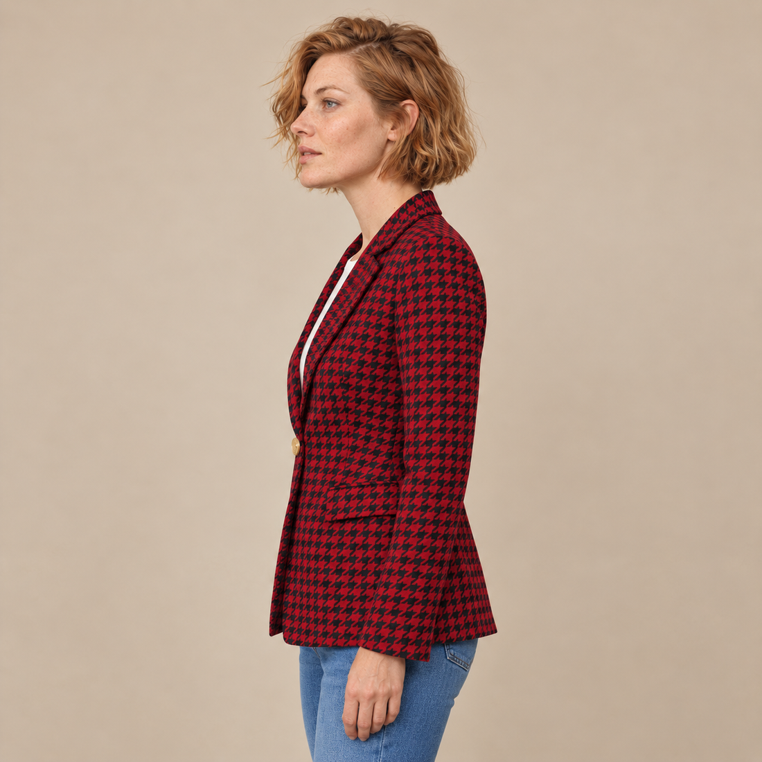 Getailleerde damesblazer met pied-de-poule en één knoop