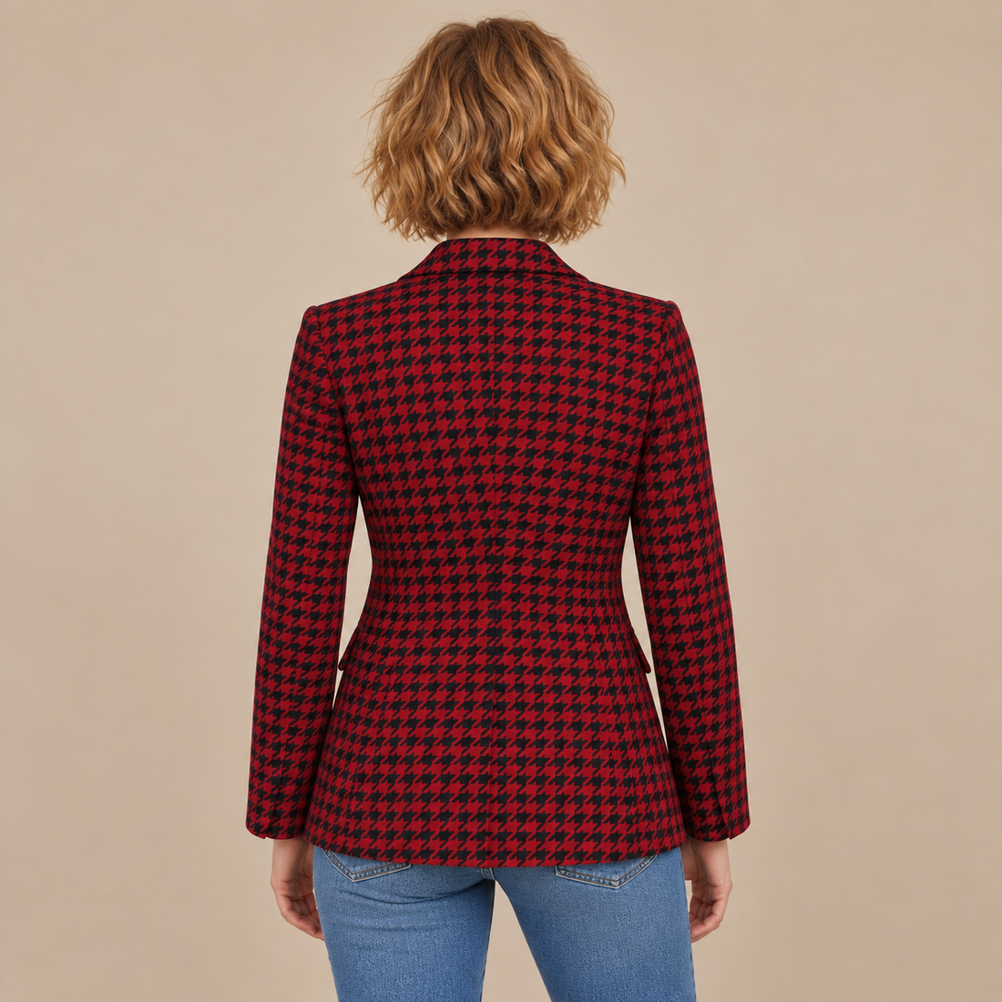 Getailleerde damesblazer met pied-de-poule en één knoop