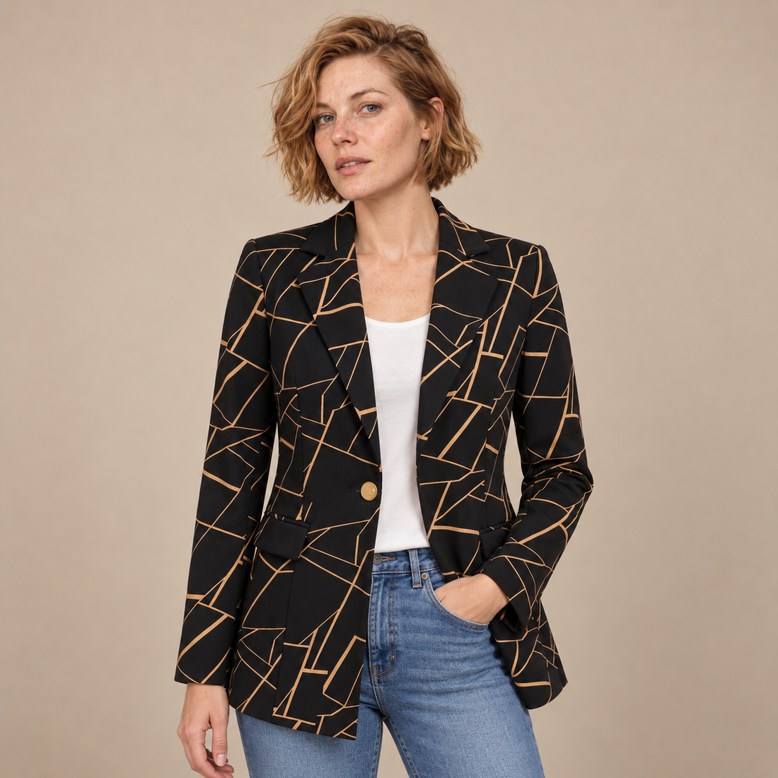 Getailleerde damesblazer met pied-de-poule en één knoop