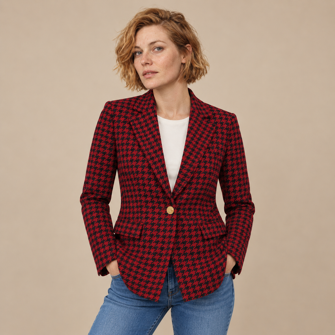 Getailleerde damesblazer met pied-de-poule en één knoop