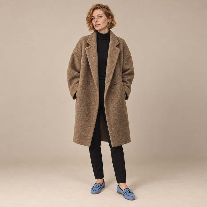 Oversized lange damesjas met klassieke revers
