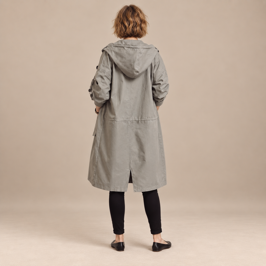 Lange damestrenchcoat met capuchon en knoopsluiting