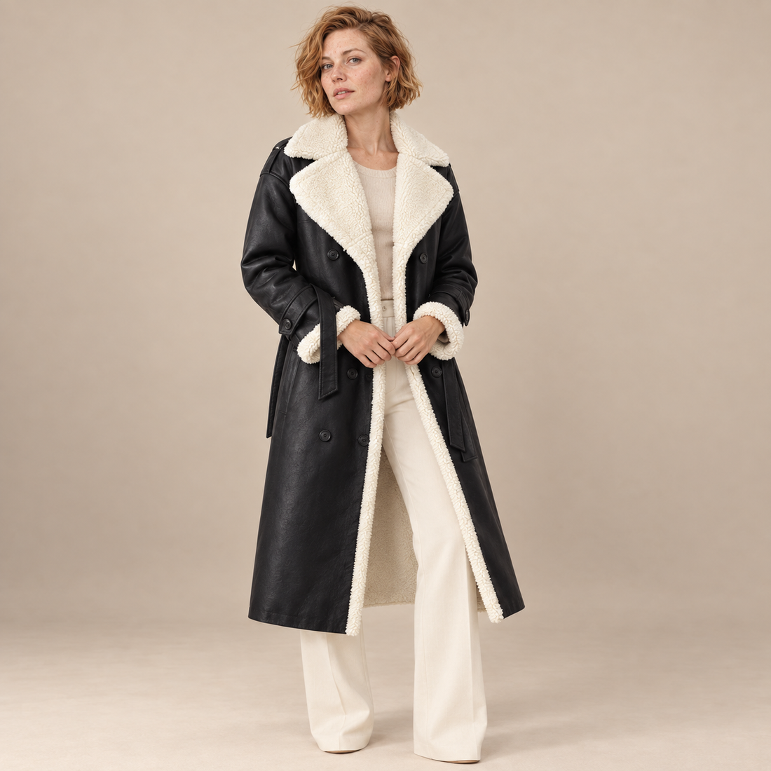 Dubbelrijige damestrenchcoat met sherpavoering