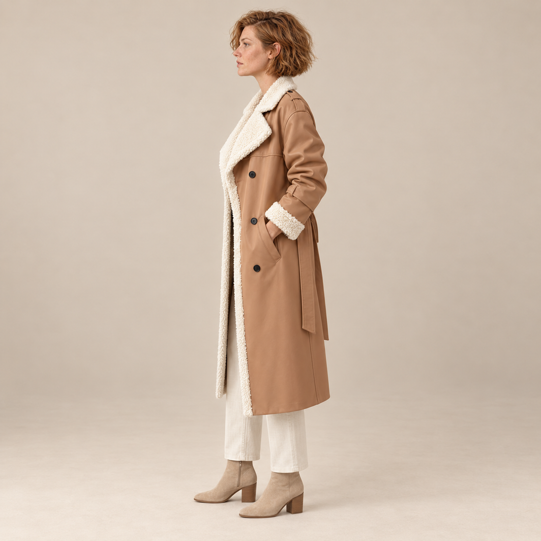 Dubbelrijige damestrenchcoat met sherpavoering