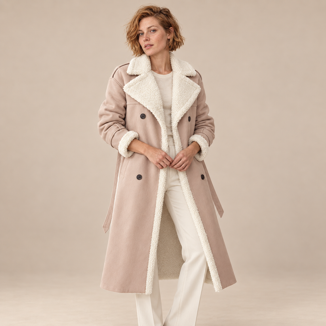 Dubbelrijige damestrenchcoat met sherpavoering