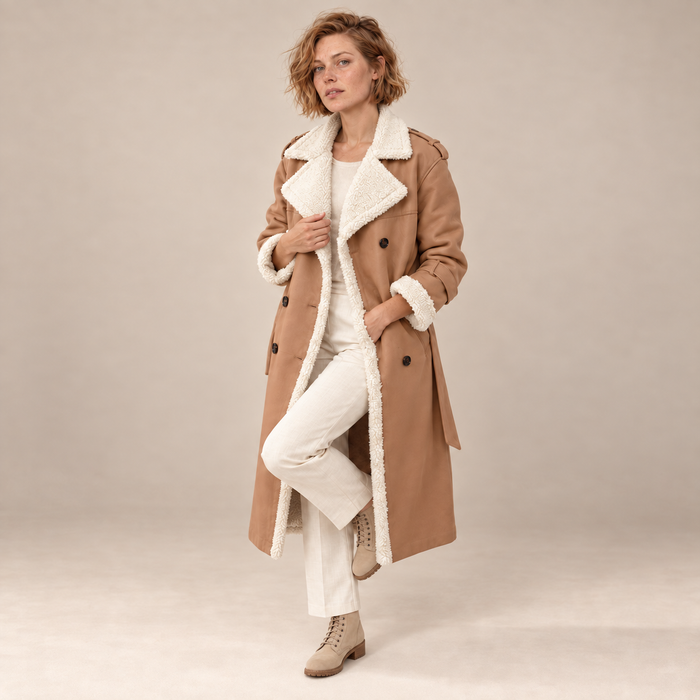 Dubbelrijige damestrenchcoat met sherpavoering