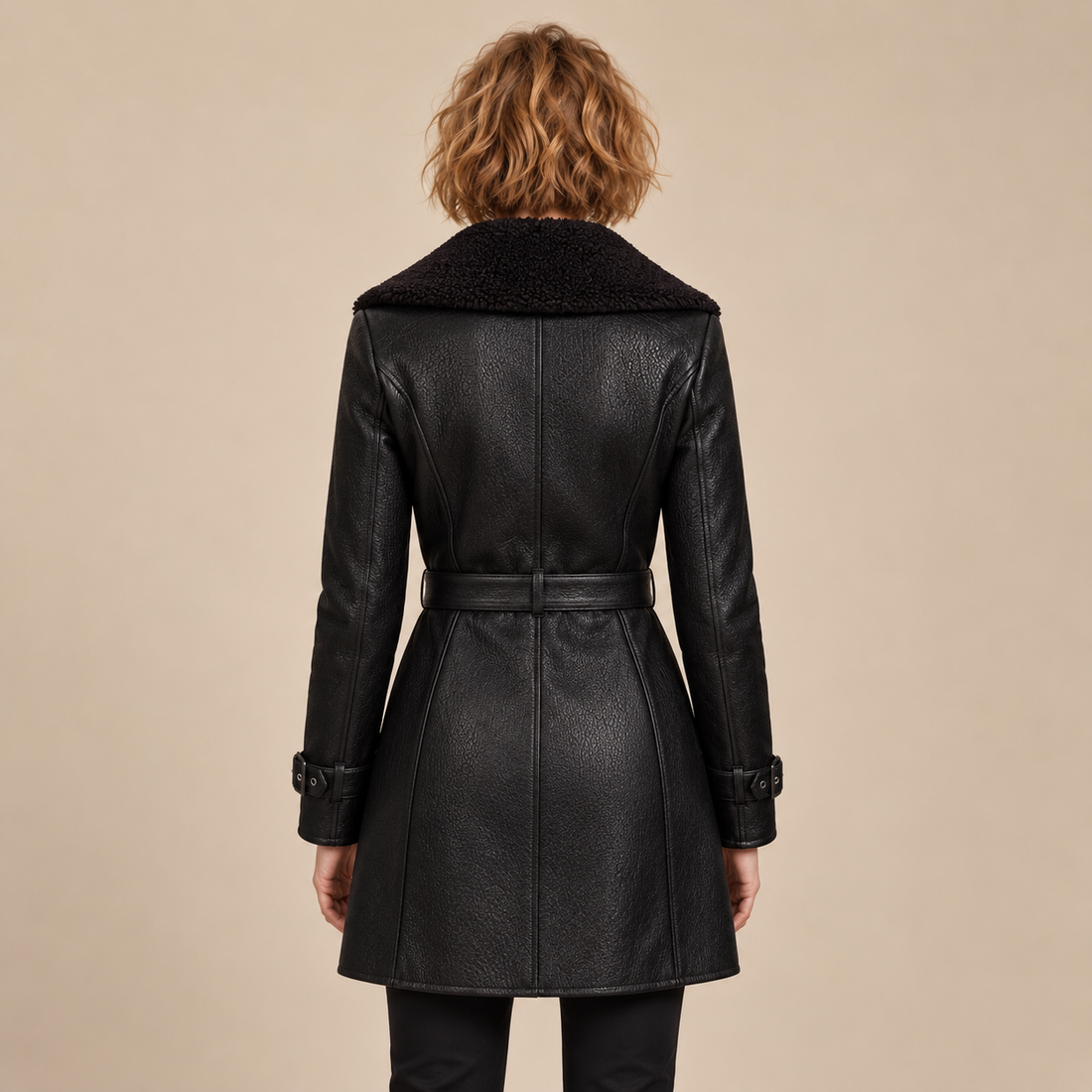 Damestrenchcoat van imitatieleer met kraag van imitatielammy