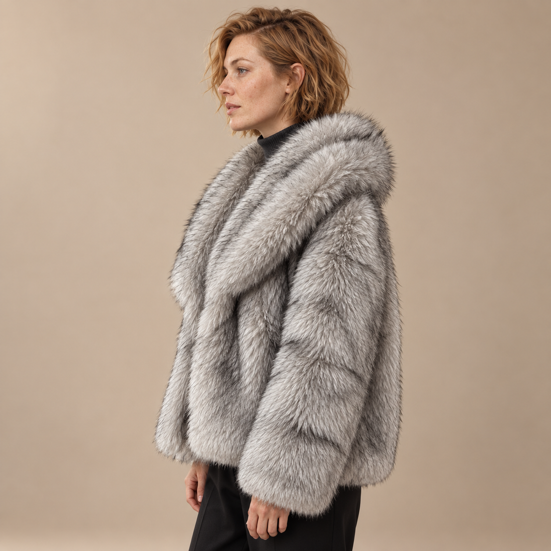 Jas van imitatiebont voor dames met oversized kraag