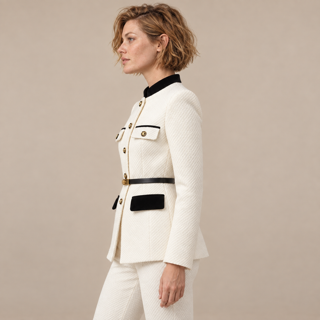 Damesblazer met ceintuur en knoopsluiting