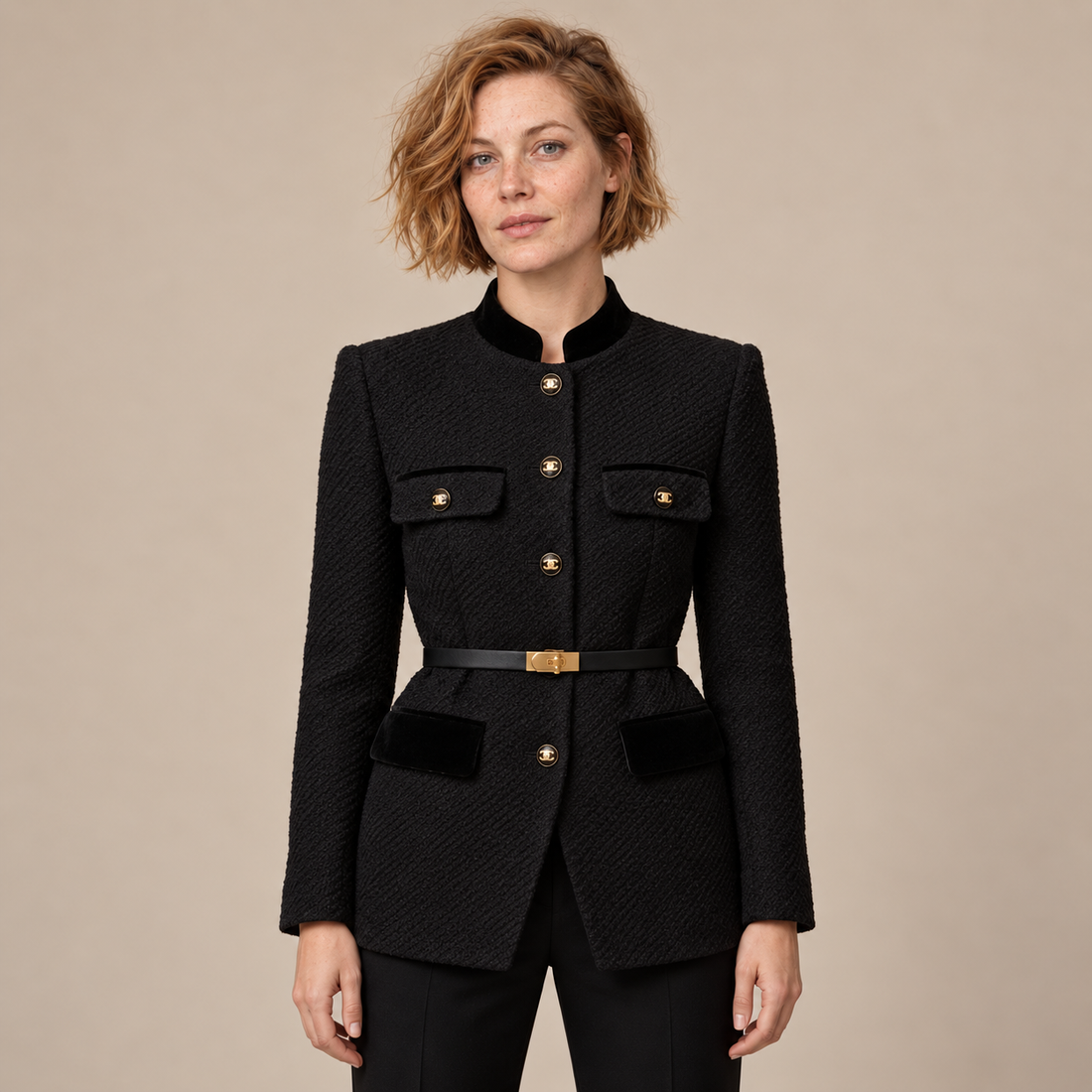 Damesblazer met ceintuur en knoopsluiting