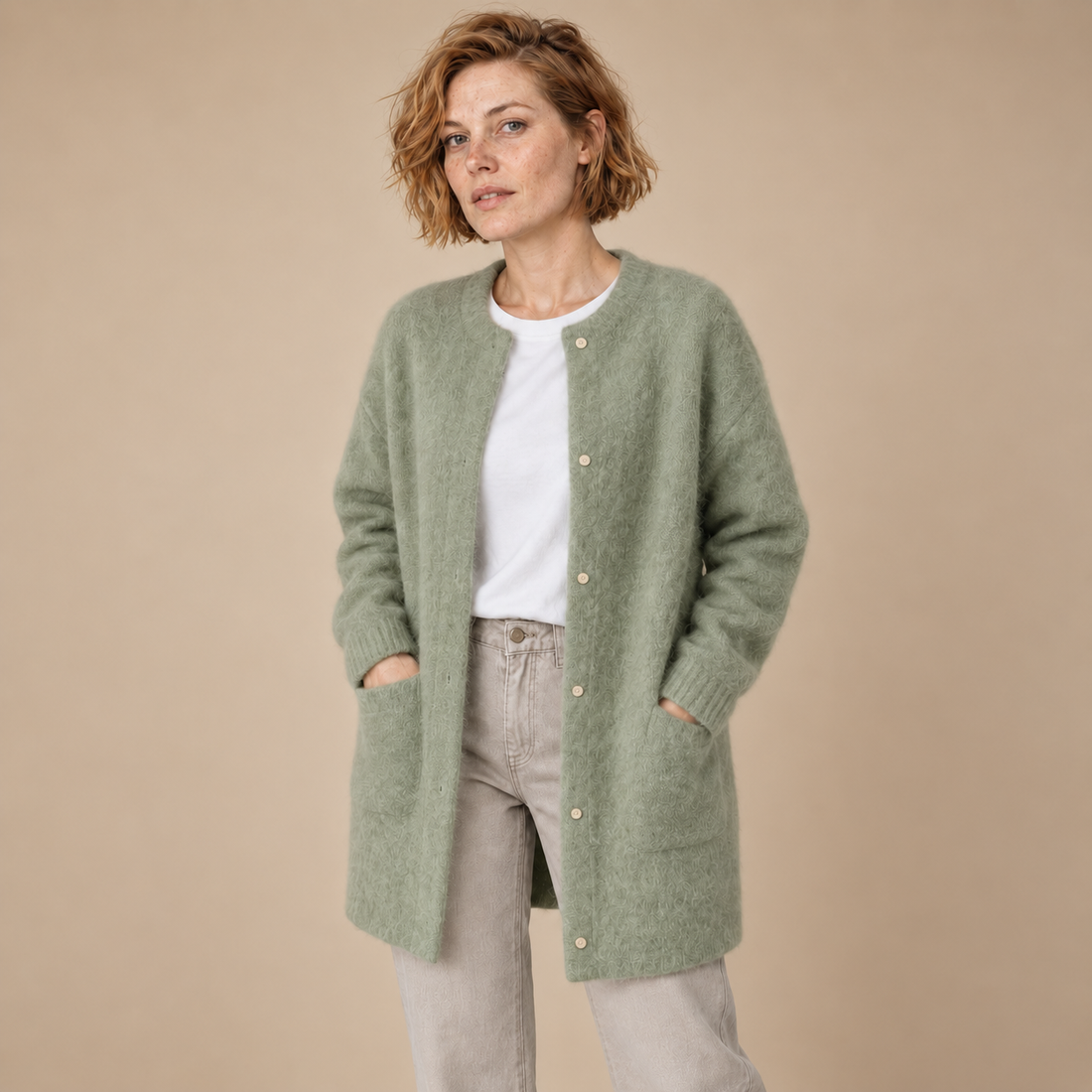 Damesvest met knoopsluiting, geribde boorden en zakken