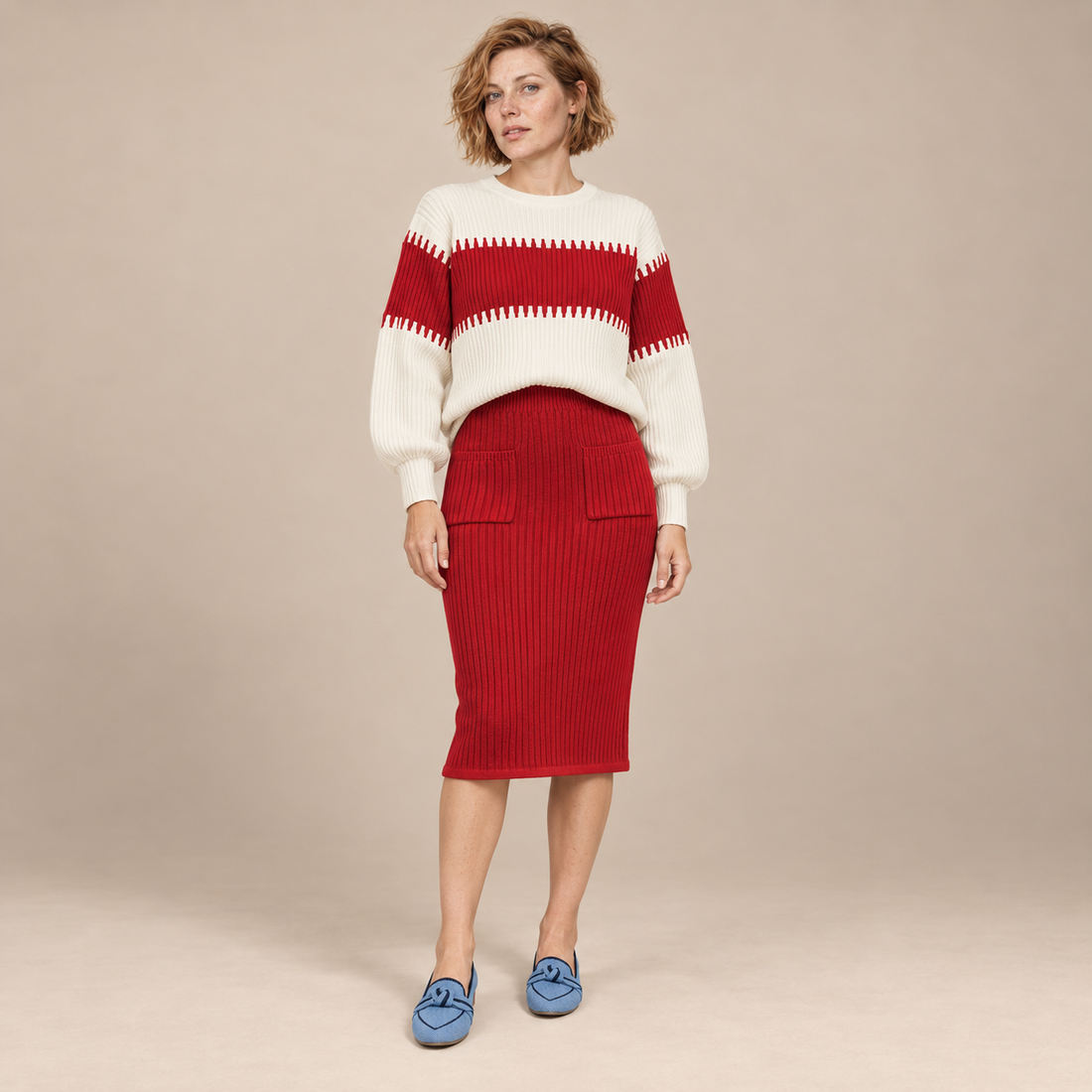 Geribde tweedelige damesset met trui in colourblock