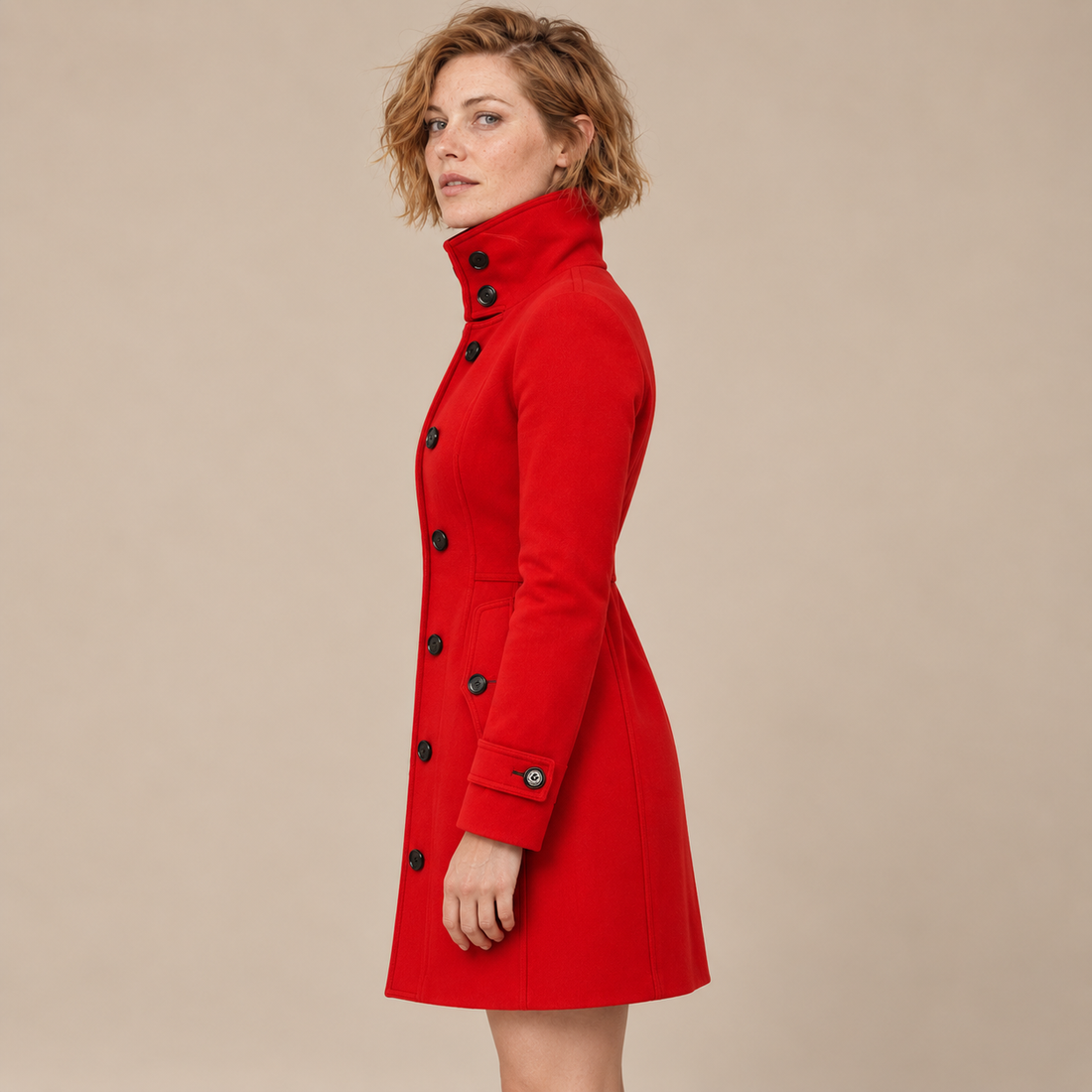 Damestrenchcoat met hoge hals, ceintuur en knoopsluiting