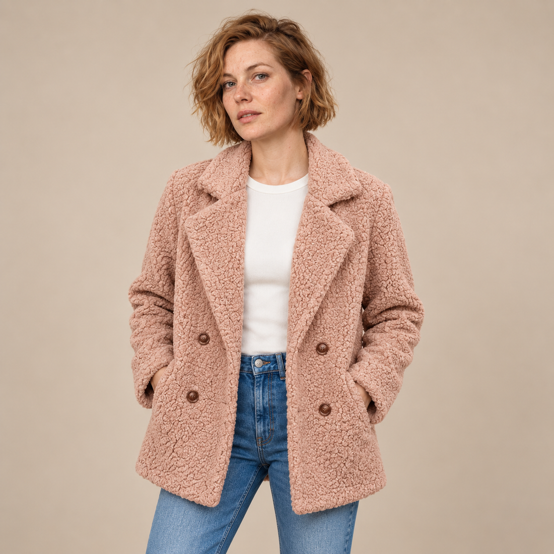 Teddyblazer voor dames met reverskraag en knoopsluiting